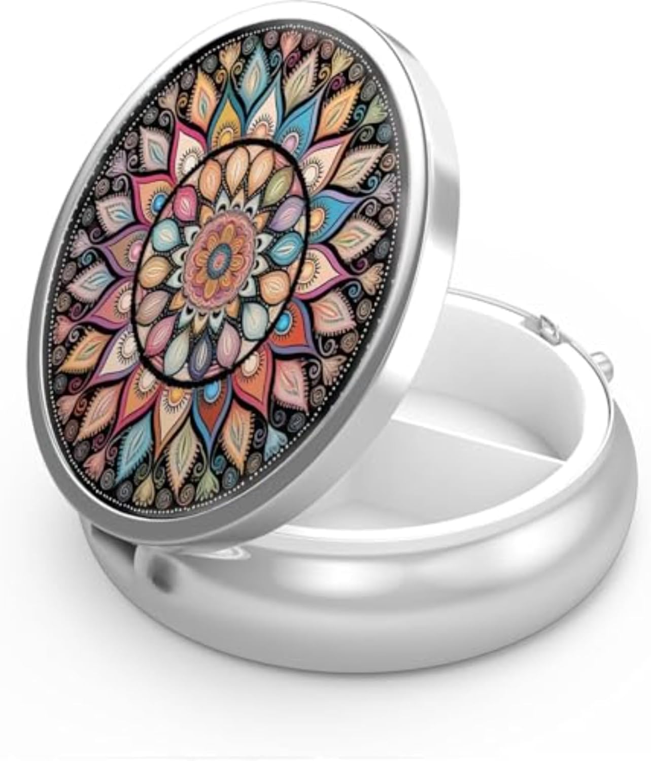Personal Pill Organizers 3 Compartment Small Pill Box Portable Pocket Purse Colorful Mandala Vitamin Medication Supplement Holder (Mandala)
