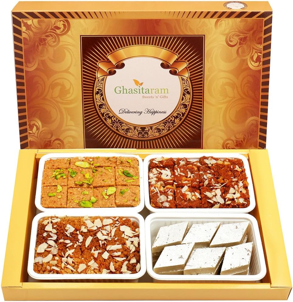 Ghasitaram Gifts Indian Sweets - Diwali Gifts Diwali Sweet - Big Box of Kaju Katli, Besan Barfi, Dodha Barfi and Milk Cake