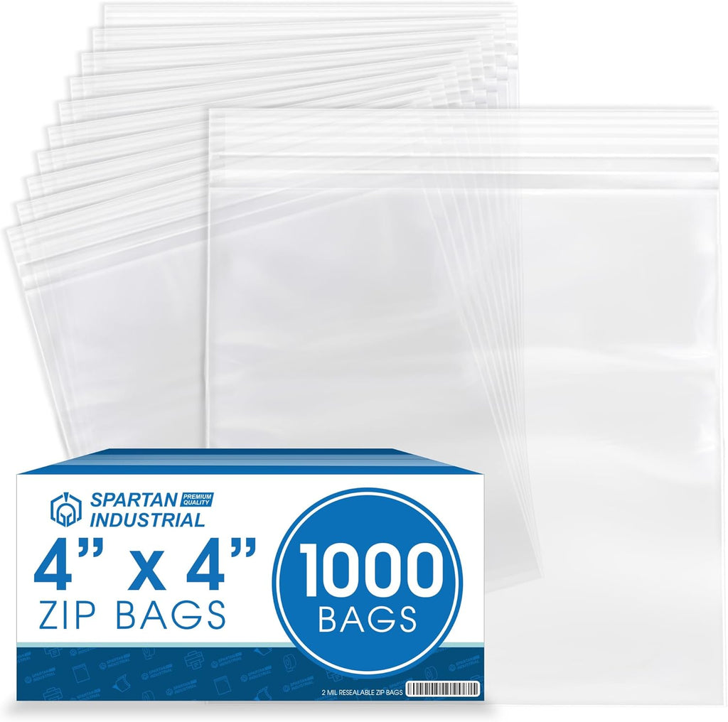 Spartan Industrial - 4” X 4” (1000 Count) 2 Mil Clear Reclosable Zip Plastic Poly Bags with Resealable Lock Seal Zipper