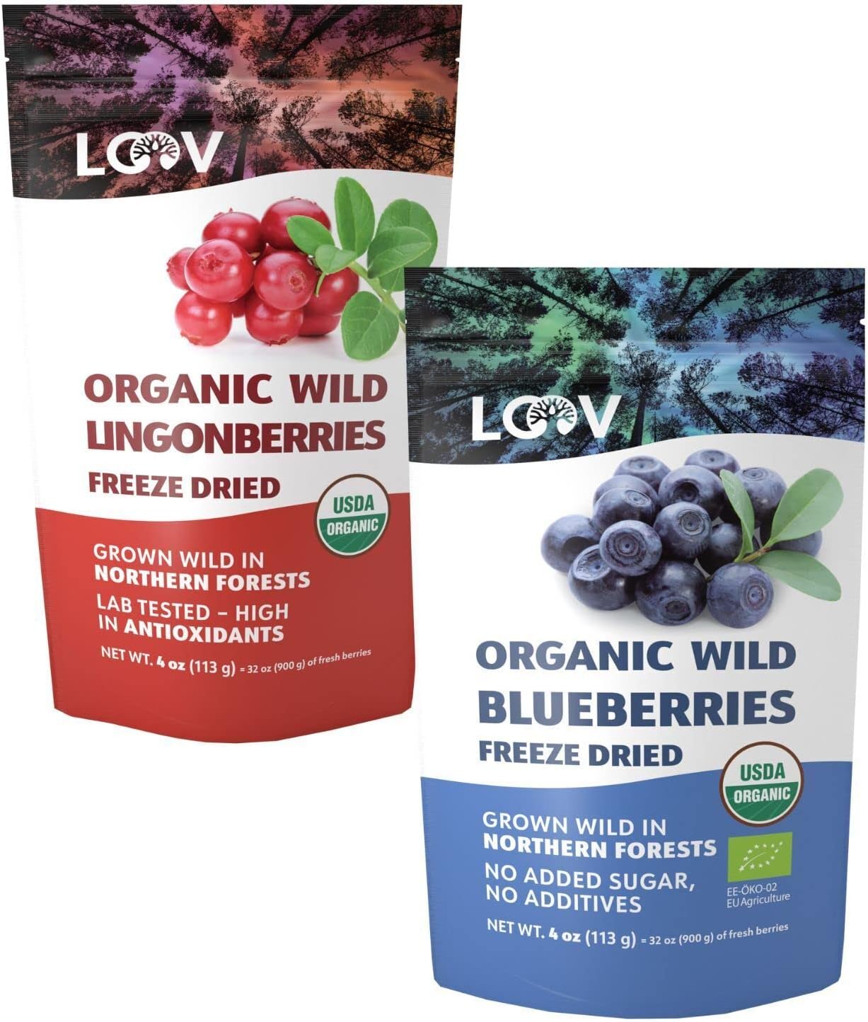 LOOV Whole Berry Bundle | Organic Whole Wild Blueberries and Organic Wild Lingonberries | No Added Sugar | Freeze Dried Berries from Northern Europe | 4oz Packs