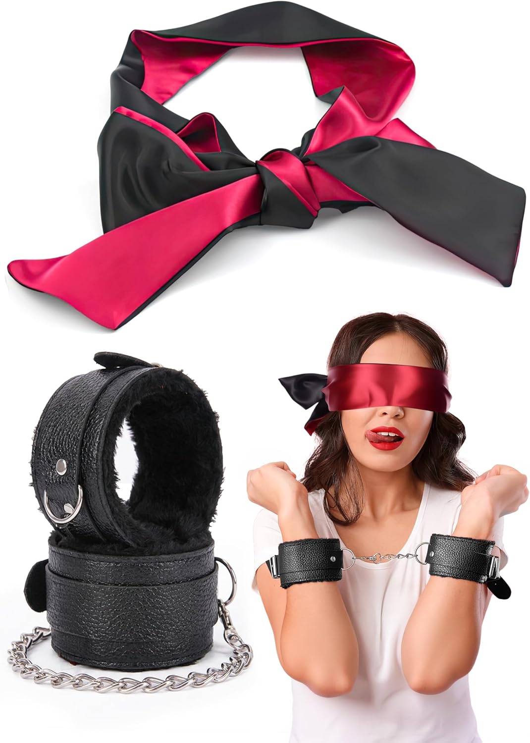 Padded Handcuffs for Grownups Bedroom Fluffy Adult Cuffs for Play, Soft Red Satin Eye Mask for Women 59"