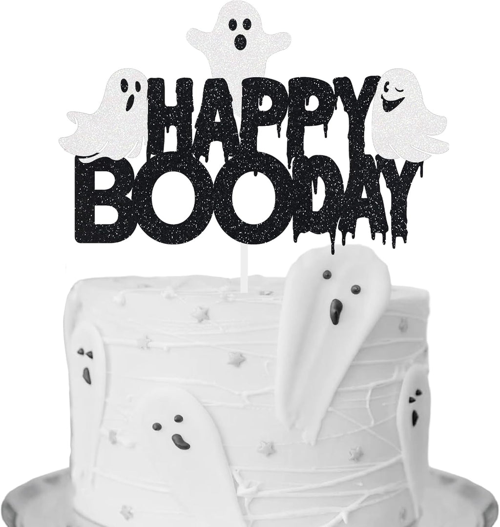 Happy Booday Cake Topper Halloween Birthday Supplies Spooky Ghost Party Decoration Black