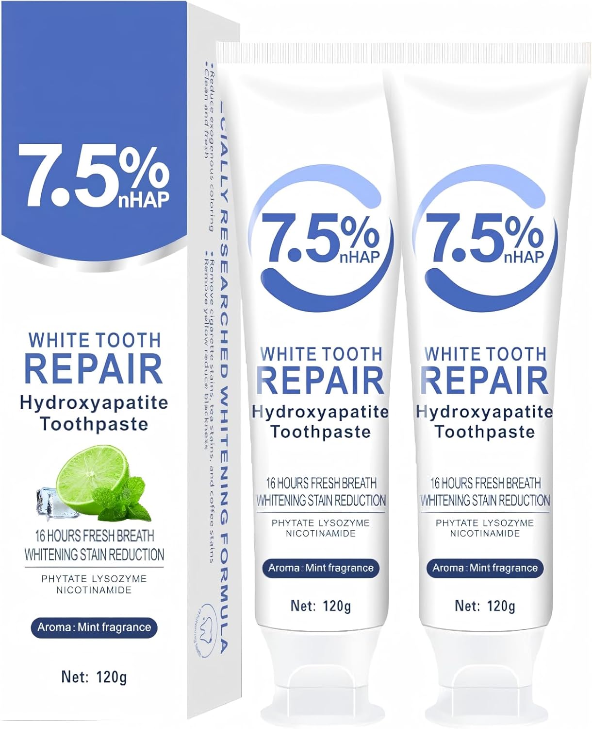 7.5% Hydroxyapatite Toothpaste for Enamel Protection, Fluoride-Free Formula with Gentle Mint, for Sensitive Teeth, Daily Protection, Long-Lasting Fresh Breath, 4.23 Oz (2)