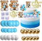 ALISSAR 32Pcs Bear Cake Toppers for Baby Shower with Balls, We Can Bearly Wait Cake Topper, Bear Baby Shower Decorations (blue)