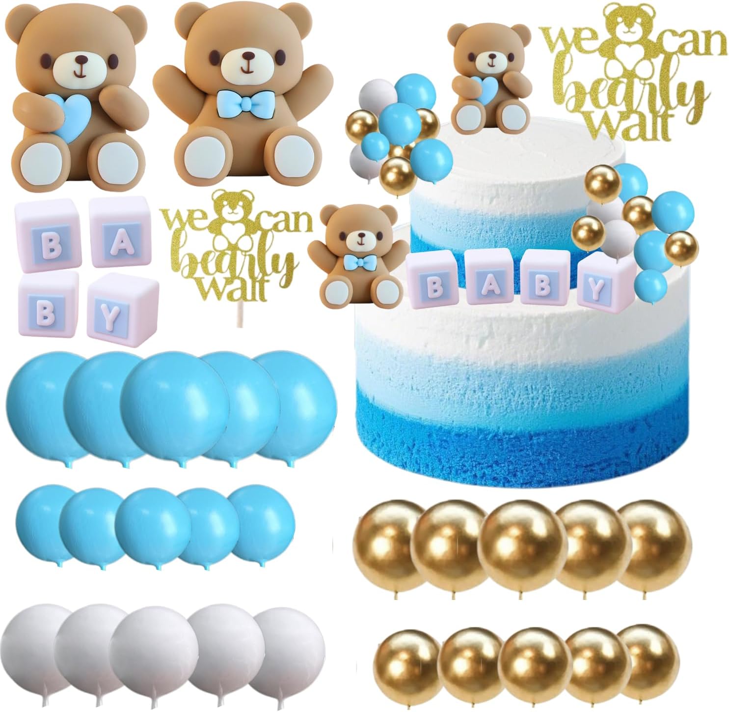 ALISSAR 32Pcs Bear Cake Toppers for Baby Shower with Balls, We Can Bearly Wait Cake Topper, Bear Baby Shower Decorations (blue)