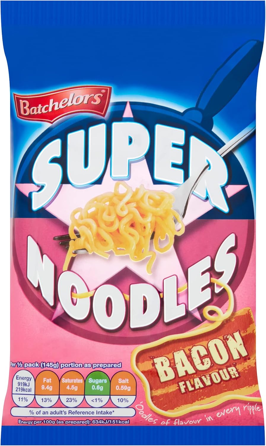 Batchelors Super Noodles Bacon Flavour, Instant Snack Ready in 4 Minutes, 90 g Packet (Pack Of 8)