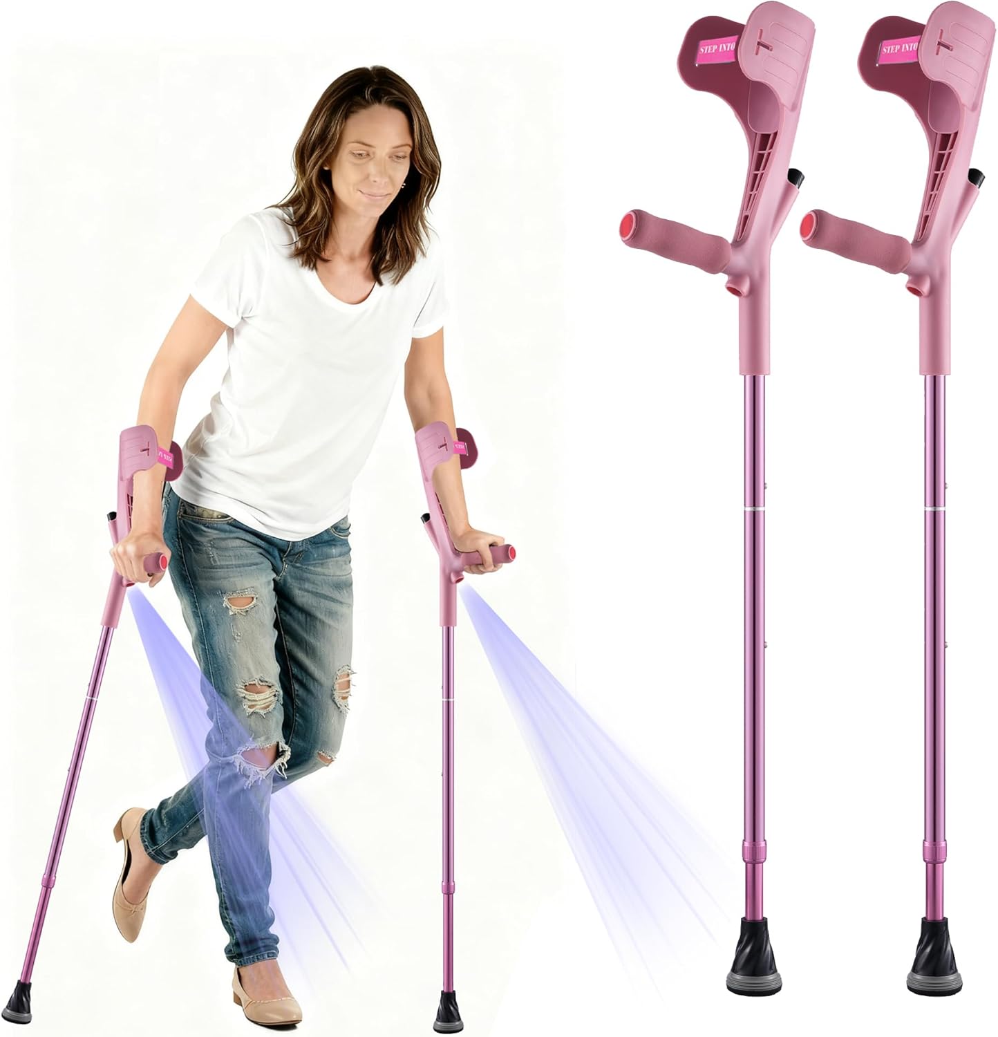 Forearm Crutches for Adults Foldable Knee Patients Mobility aids for Childre and Seniors for with Leg Injury Adjustable Travel Lightweight Walking Stick (Pink Pro)