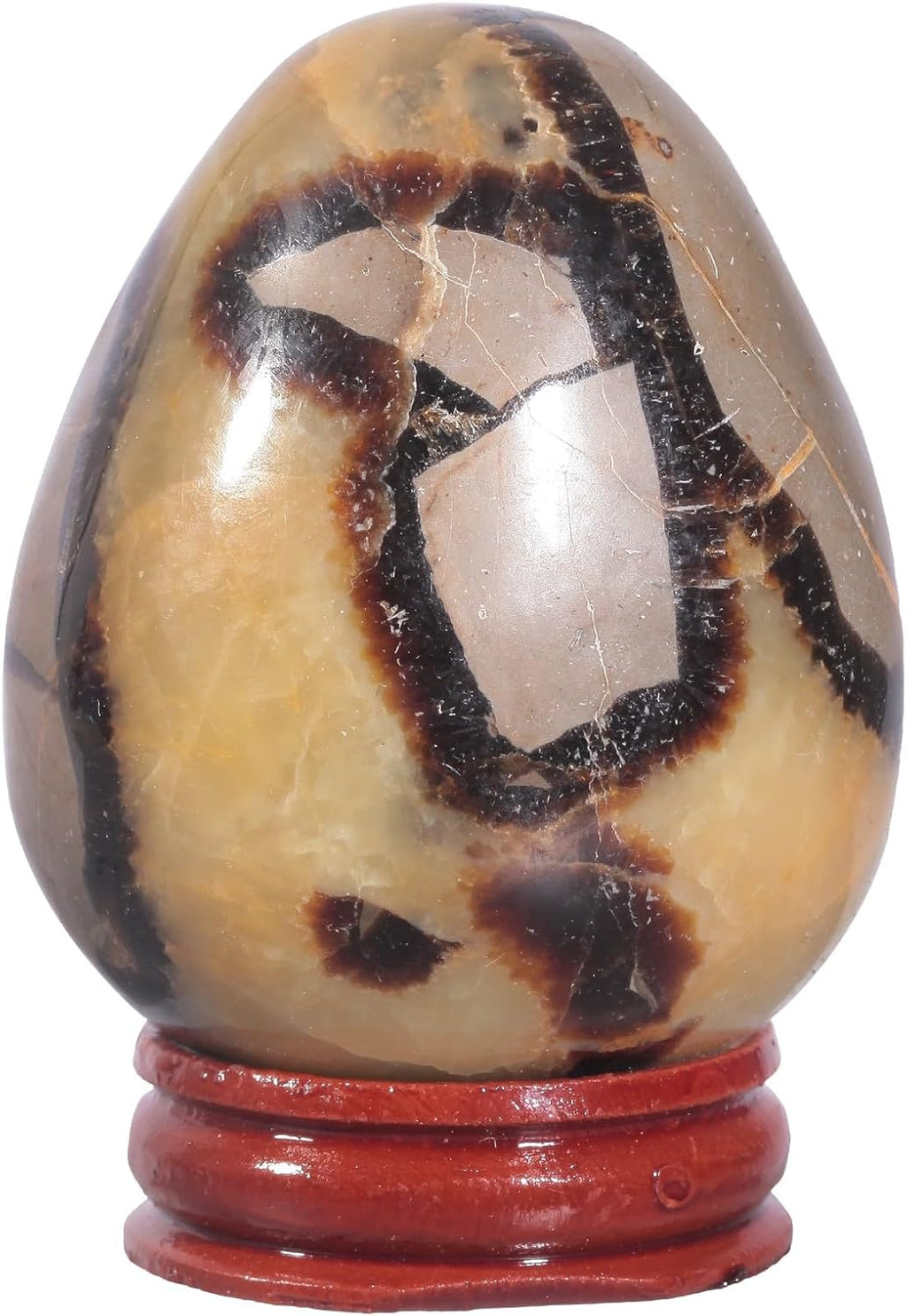 SUNYIK Natural Septarian Dragon Crystal Egg with Wooden Stand, Polished Oval Stone Egg Feng Shui Decoration Home Office Specimen for Easter Day, 1.18-1.57"