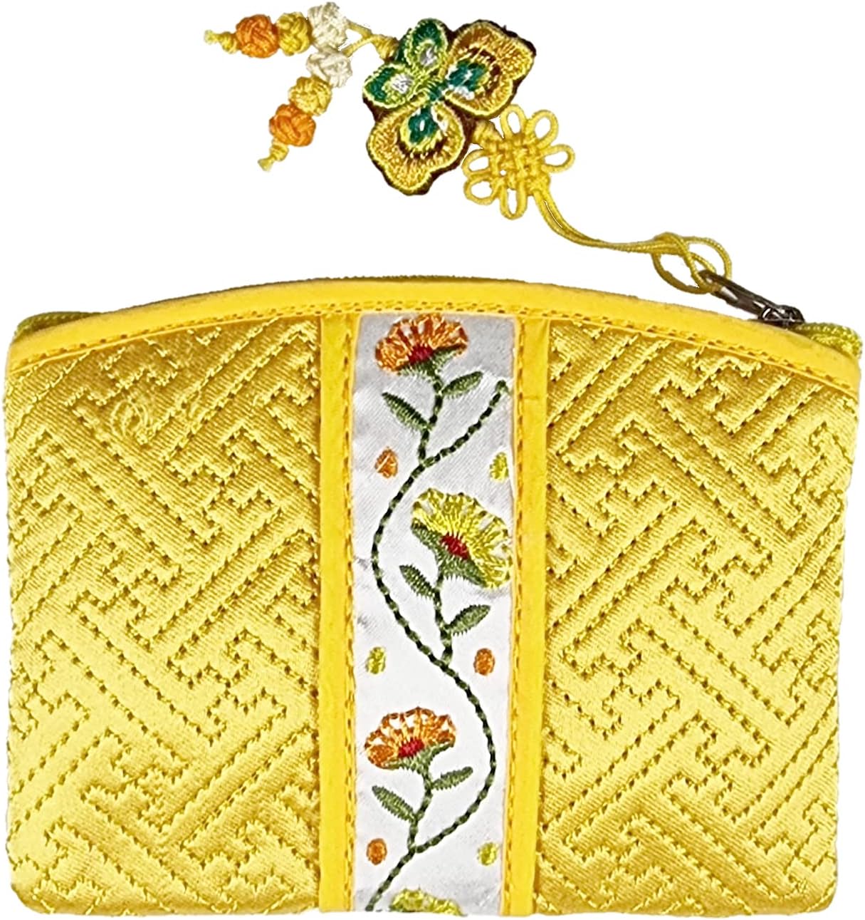 Seoulful Vintage Korean Embroidered Card Pouch - Wildflower Design Coin Purse with Butterfly Charm - Traditional Korean New Year's Gifts (Yellow)