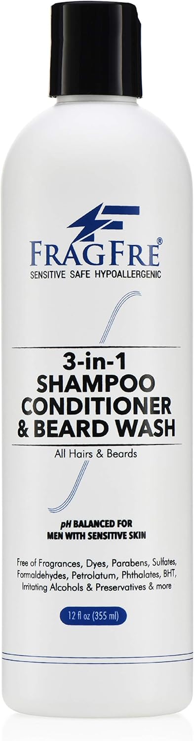 Shampoo Conditioner and Beard Wash for Men, 12 oz - Unscented, Sensitive Skin, 3 in 1 Hair and Beard Cleansing and Conditioning, Grooming Product