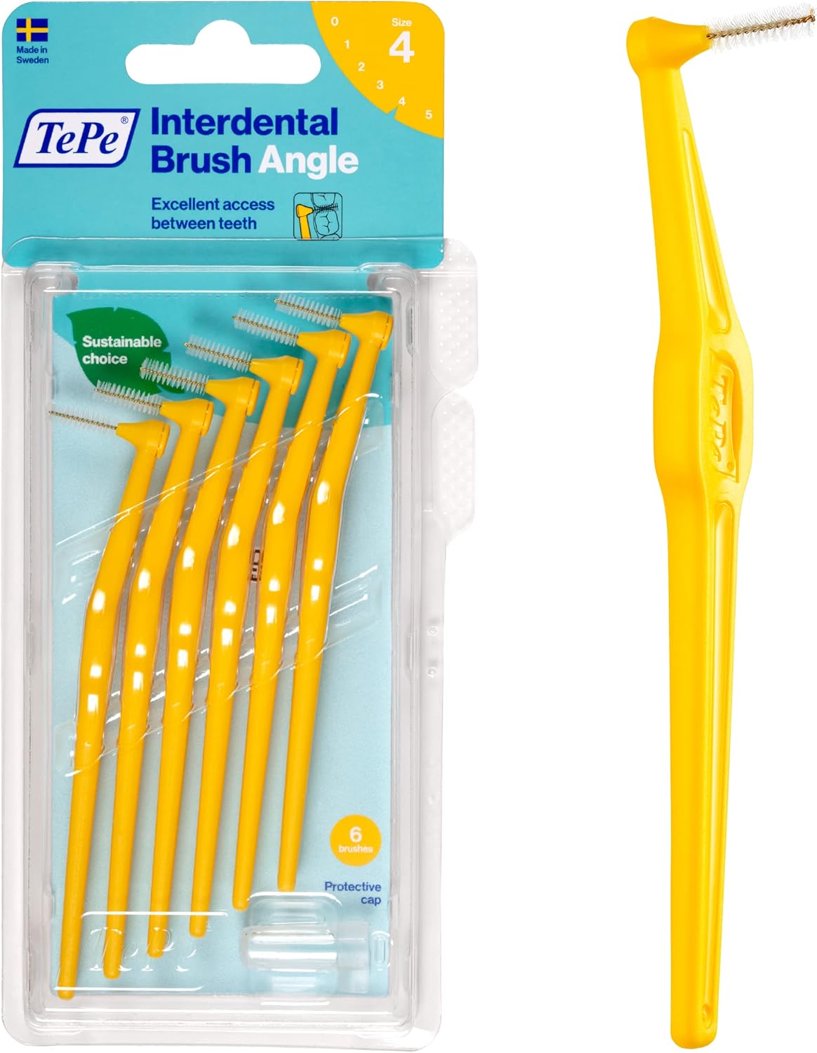 TePe Interdental Brush Angle, Angled Dental Brush for Teeth Cleaning, Pack of 6, 0.7 mm, Medium Gaps, Yellow, Size 4