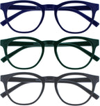 OPULIZE BLU Blue Light Blocking Reading Glasses for Women Men, Cool Round Frame with Anti-Glare Computer and Gaming Eyewear, UV and Eyestrain Protection, Blue Green Grey +3.00 (Pack of 3)