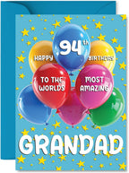 Grandad 94th Birthday Card - Worlds Most Amazing - Happy Birthday Card for 94 Year Old Grandad from Grandson Granddaughter, A5 Balloons and Stars Bday Greeting Cards