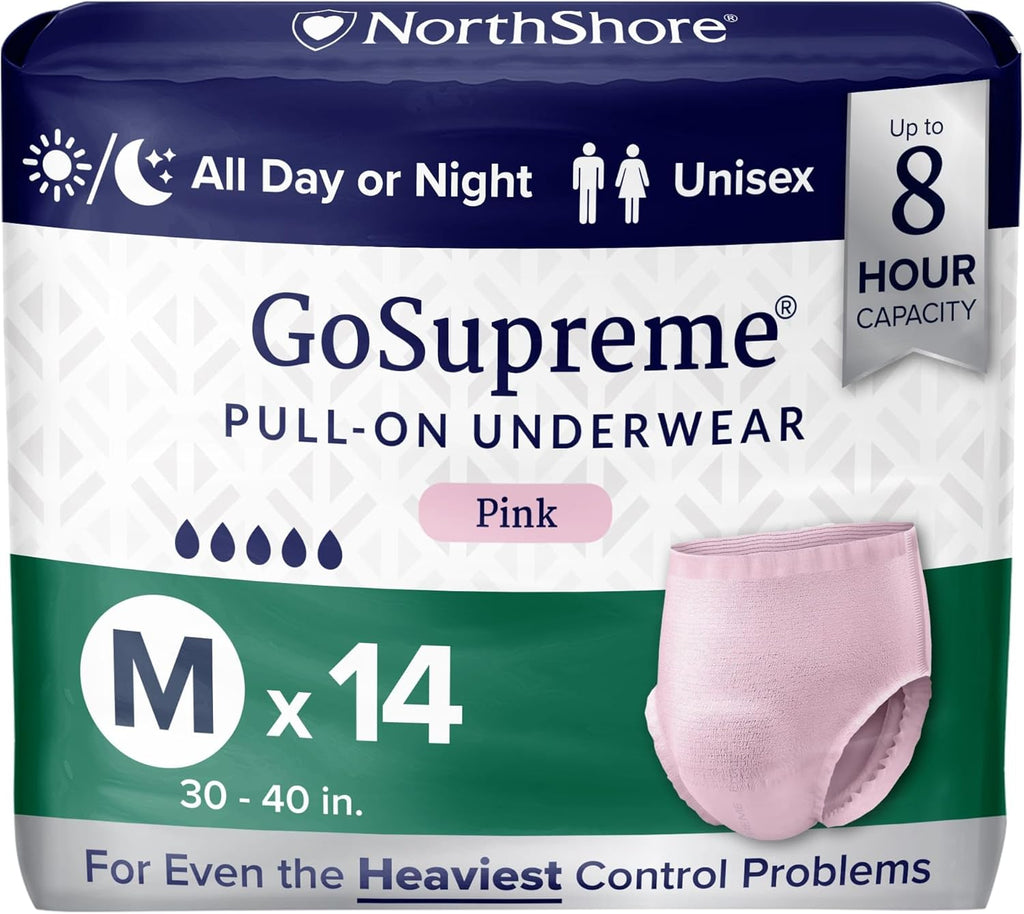 NorthShore GoSupreme Overnight Pull-On Underwear, 8-Hour Leak Protection, Medium, 14-Count Bag, Pink, (30-40 in Waist), Unisex Adult Diapers