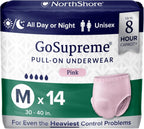 NorthShore GoSupreme Overnight Pull-On Underwear, 8-Hour Leak Protection, Medium, 14-Count Bag, Pink, (30-40 in Waist), Unisex Adult Diapers