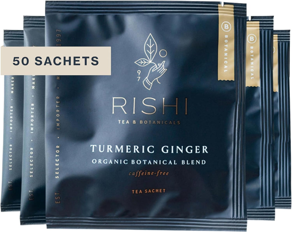 Rishi Tea Turmeric Ginger Herbal Tea - Organic Sachet Bags, Caffeine Free Blend with Spicy Ginger & Citrus, Hot or Iced - 50 Count (Pack of 1)