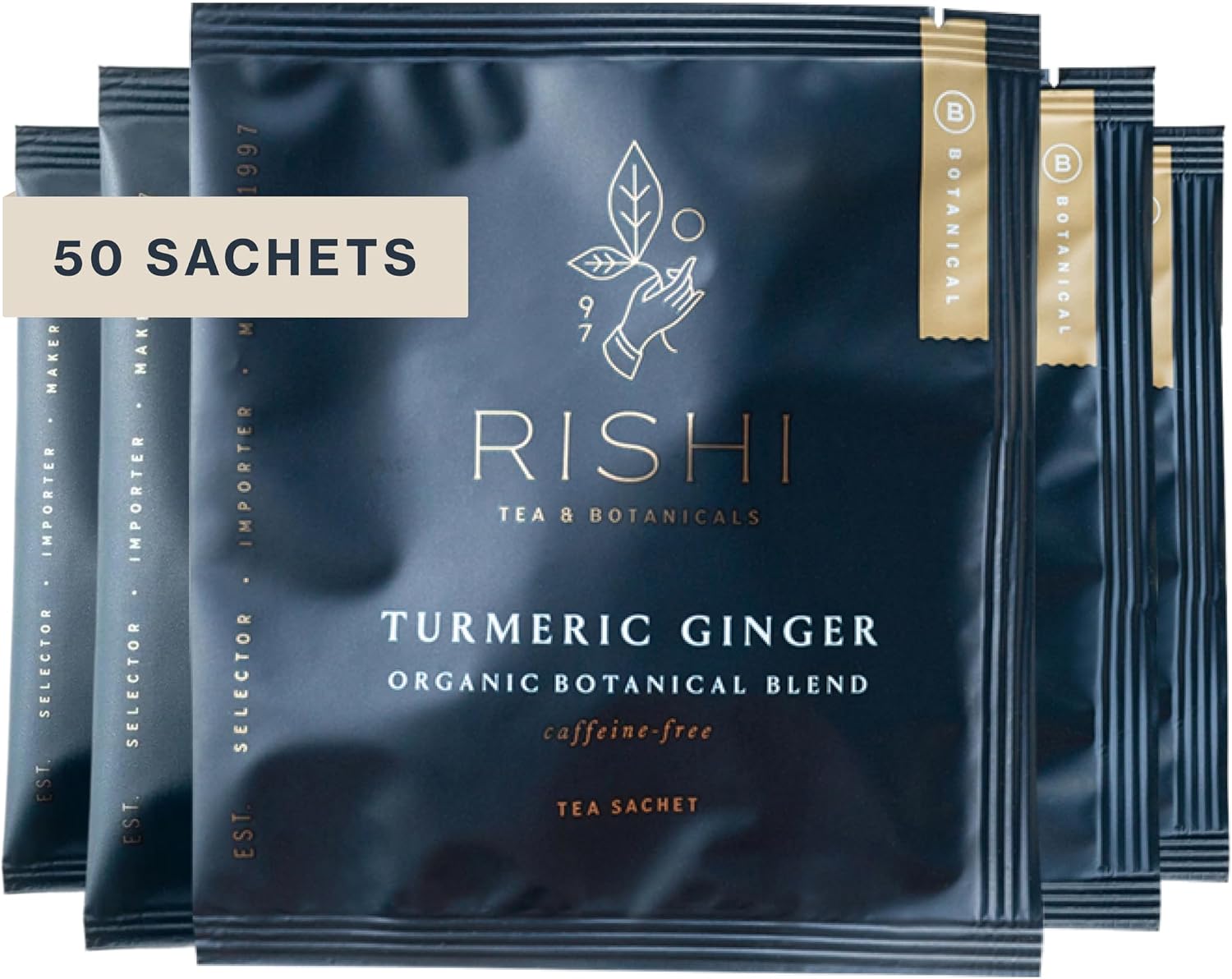 Rishi Tea Turmeric Ginger Herbal Tea - Organic Sachet Bags, Caffeine Free Blend with Spicy Ginger & Citrus, Hot or Iced - 50 Count (Pack of 1)