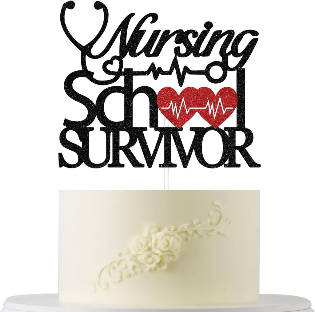 Black Red Glitter Nursing School Survivor Cake Topper, Congrats RN/BSN, Congrats Nurse Grad Party Sign, Medical School Graduation Cake Topper, Class of 2026 Nurse Graduation Party Decor