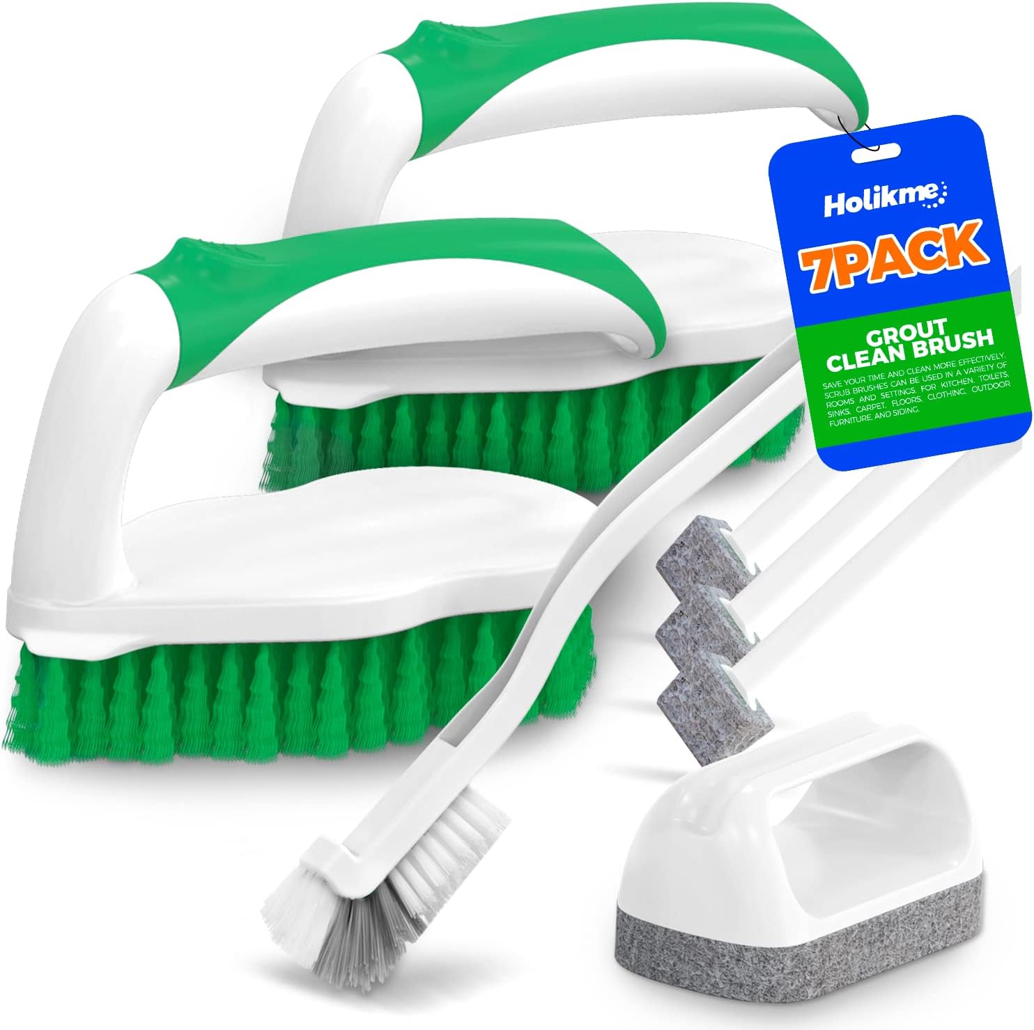 Holikme 7 Pack Deep Cleaning Brush Set, Scrub Pads with Scraper Tip for Pool Walls, Bathroom, Grout, Floor, Bike, Tub, Shower, Kitchen Surface (Green)