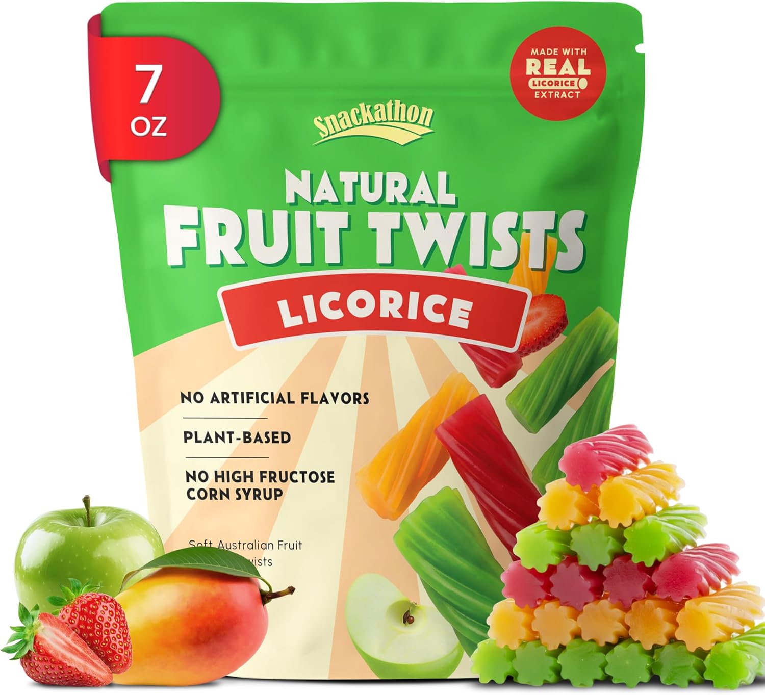 Snackathon Australian Licorice Candy, Natural Mixed Fruit Twists, 7 oz Resealable Bag, Soft & Chewy Classic Gourmet Treat for Parties, Candy Bowls & Snacking, Made in Australia