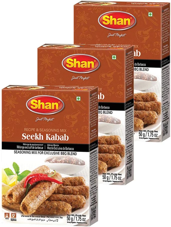 Shan Seekh Kabab Recipe and Seasoning Mix 1.76 oz (50g) - Spice Powder for Exclusive Traditional BBQ Blends - Suitable for Vegetarians - Airtight Bag in a Box (Pack of 3)