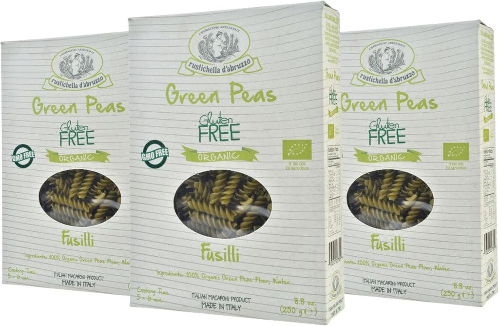 Rustichella d'Abruzzo Organic Green Pea Fusilli (Pack of 3), 250g Each - Gluten-Free Short Pasta - Made from 100% Organic Green Pea Flour - Cooks in 5-6 Minutes - Authentic Italian Flavor