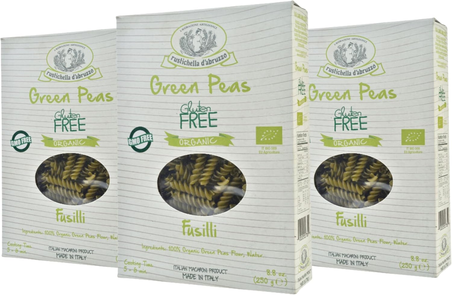 Rustichella d'Abruzzo Organic Green Pea Fusilli (Pack of 3), 250g Each - Gluten-Free Short Pasta - Made from 100% Organic Green Pea Flour - Cooks in 5-6 Minutes - Authentic Italian Flavor