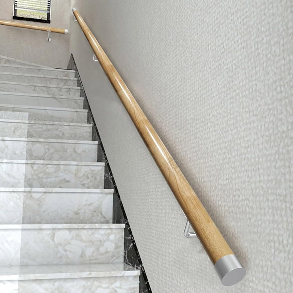 1ft-20ft Wood Handrails for Indoor Stairs Non-slip Safety Handrail Stair Banister Handrail Modern Wall-Mounted Round Stair Handrail Barrier-Free Staircase Grab Bar for Elderly Complete Kit(Wood,20ft/6