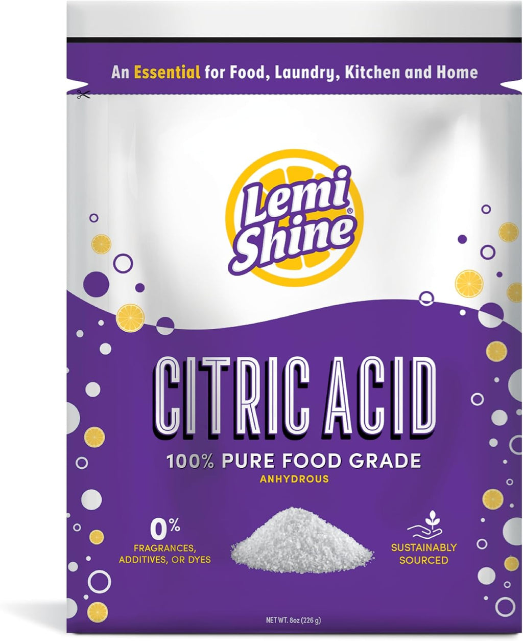 Lemi Shine 100% Citric Acid Powder l Pure Food-Grade Flavor Enhancer & All-Natural Preservative | Fragrance Free Citric Acid for Mini Bath Bombs, Cooking, & Canning, 8 oz. Bag