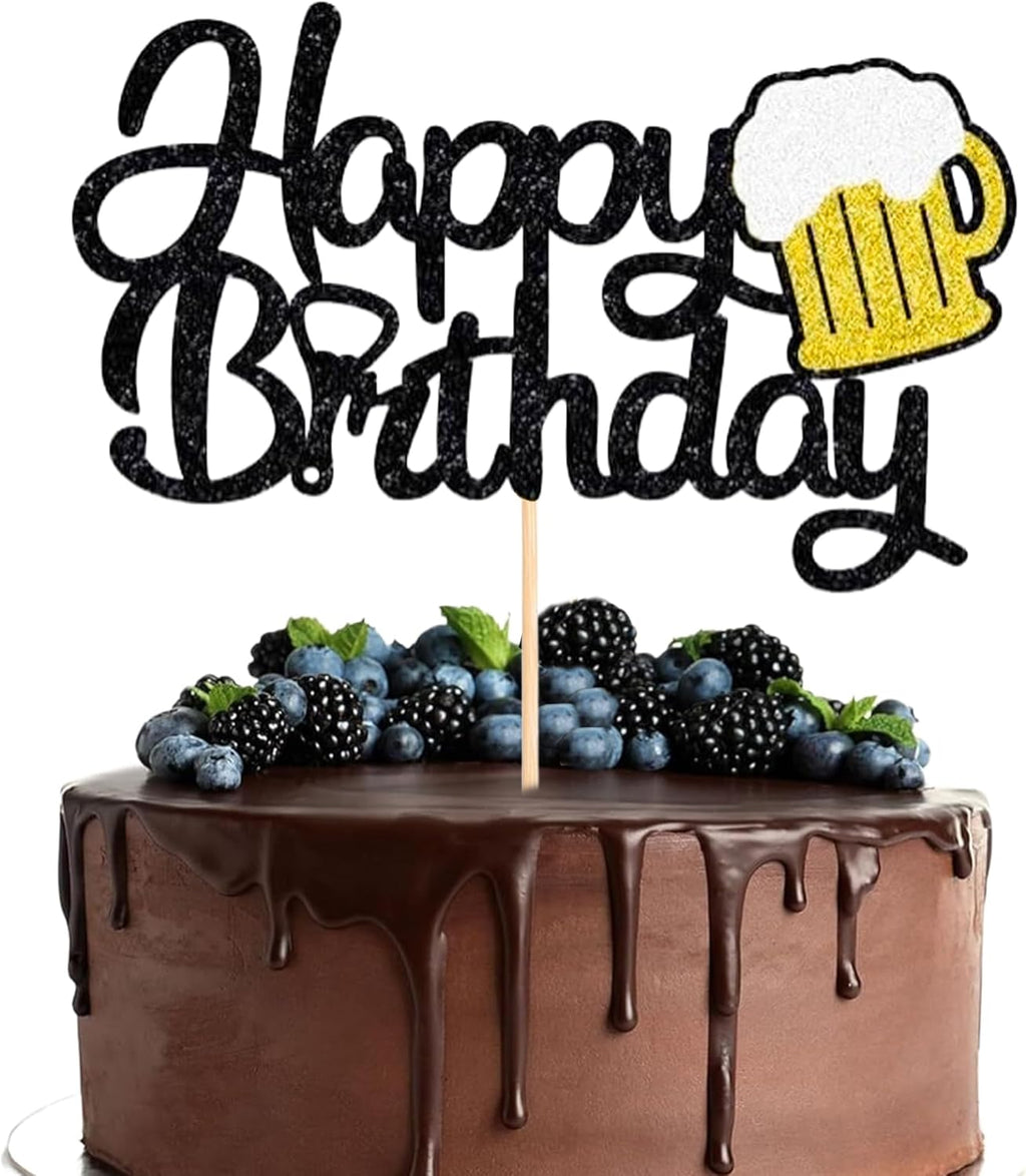 Beer Happy Birthday Cake Topper - Black Glitter Wine Glass Cake Decoration for Beer Themed Birthday Parties for Men and Women- Style 2