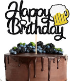Beer Happy Birthday Cake Topper - Black Glitter Wine Glass Cake Decoration for Beer Themed Birthday Parties for Men and Women- Style 2