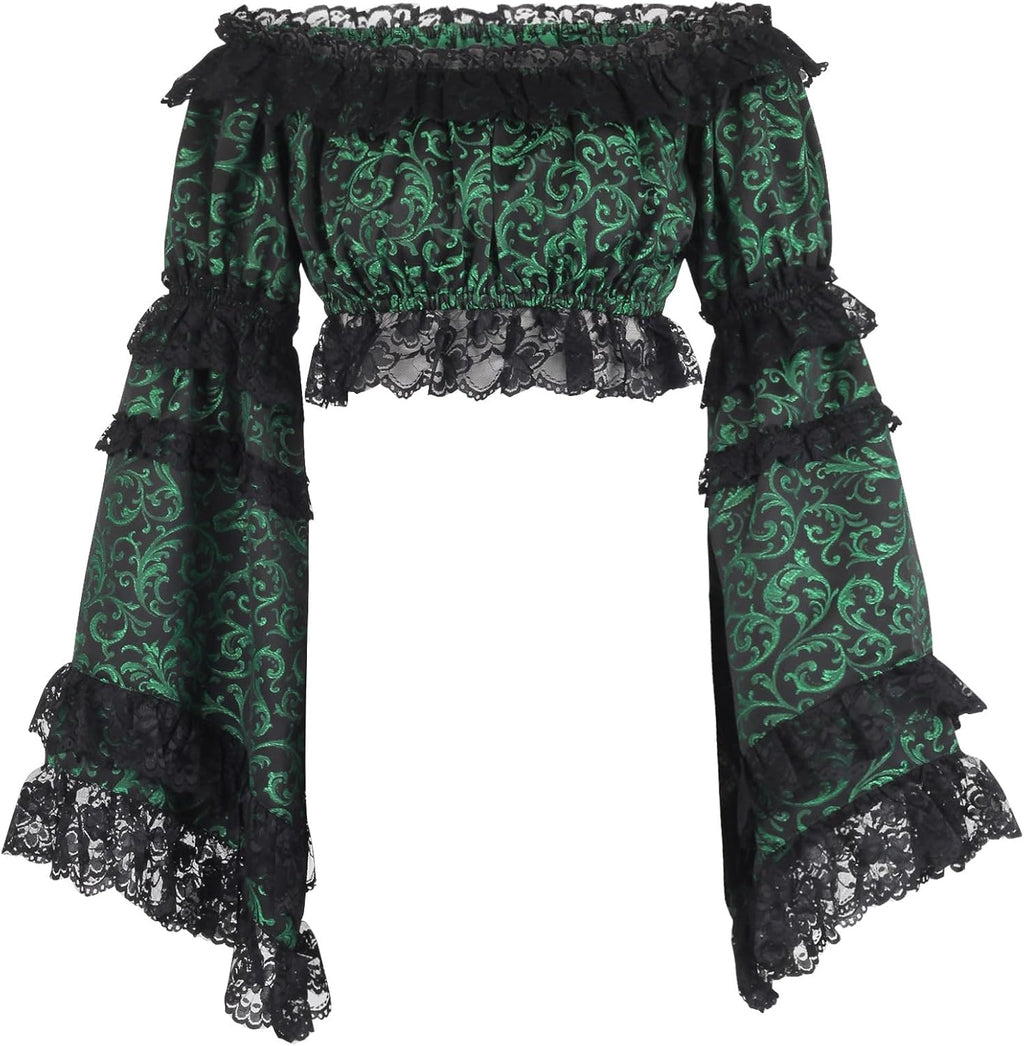 Daisy corsets Women's Green/Black Brocade Smocked Flare Sleeve Peasant Top Blouse Fashion Off the Shoulder