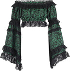 Daisy corsets Women's Green/Black Brocade Smocked Flare Sleeve Peasant Top Blouse Fashion Off the Shoulder