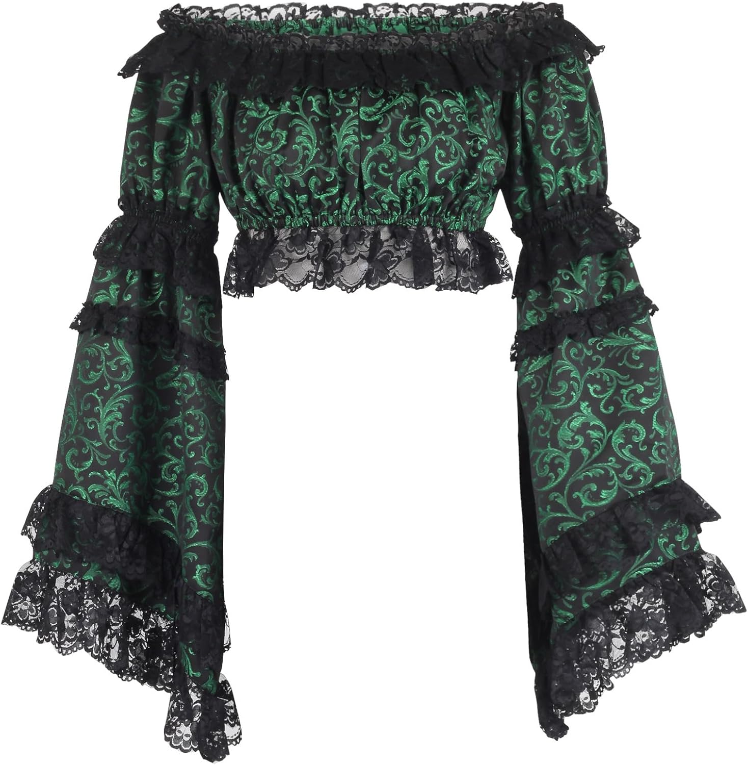 Daisy corsets Women's Green/Black Brocade Smocked Flare Sleeve Peasant Top Blouse Fashion Off the Shoulder