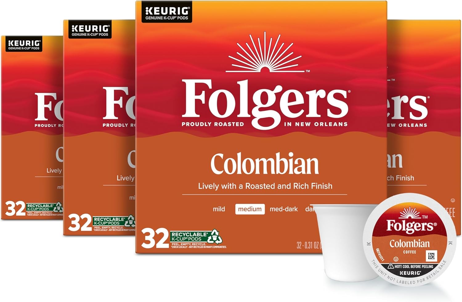 Folgers Colombian Coffee, Medium Roast, Keurig K-Cup Pods, 32 Count Boxes (Pack of 4)