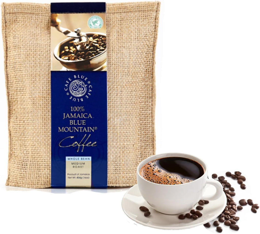 Cafe Blue – 100% Authentic Jamaica Blue Mountain Coffee from Clifton Mount Estate, Medium Roast Whole Bean, Premium Arabica Beans, Bag of 16 Ounces (1 Pound, 454 Grams)