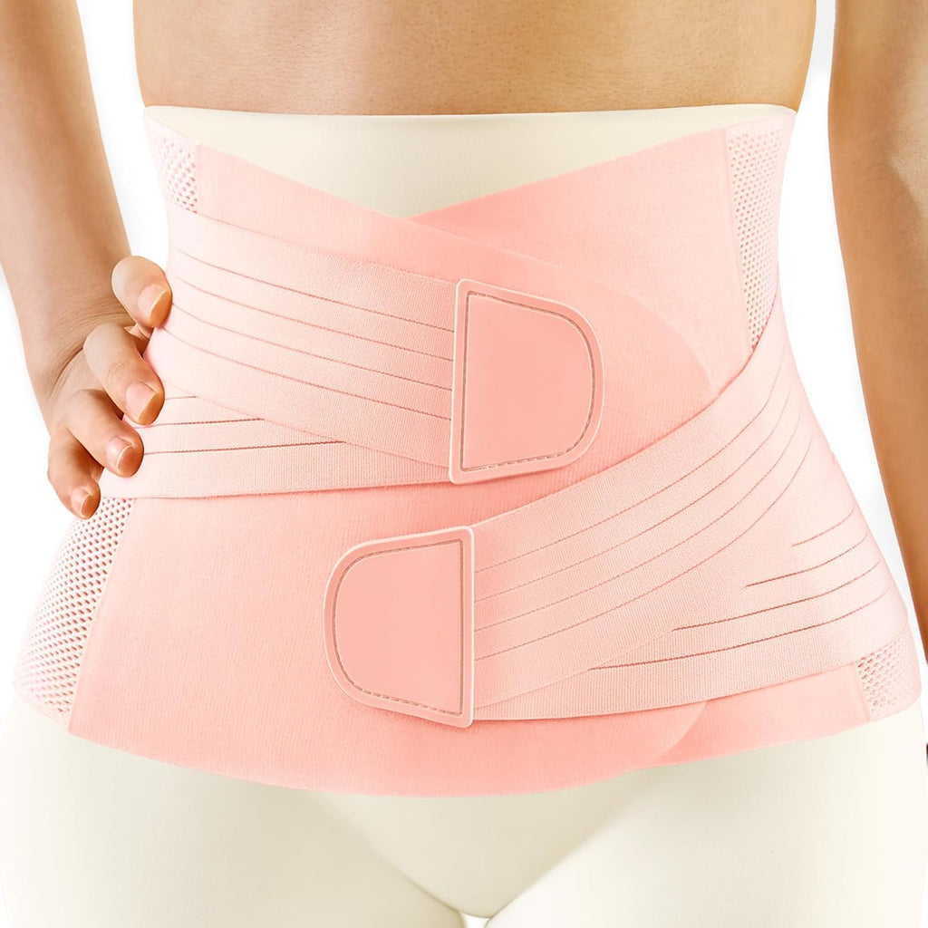 FREETOO Postpartum Belly Band Wrap for Women,Abdominal Binder Post Surgery with Ergonomical Back Support,C Section Belly Binder Post Partum,Stomach Binder Postpartum with Adjustable Compression,M,Pink