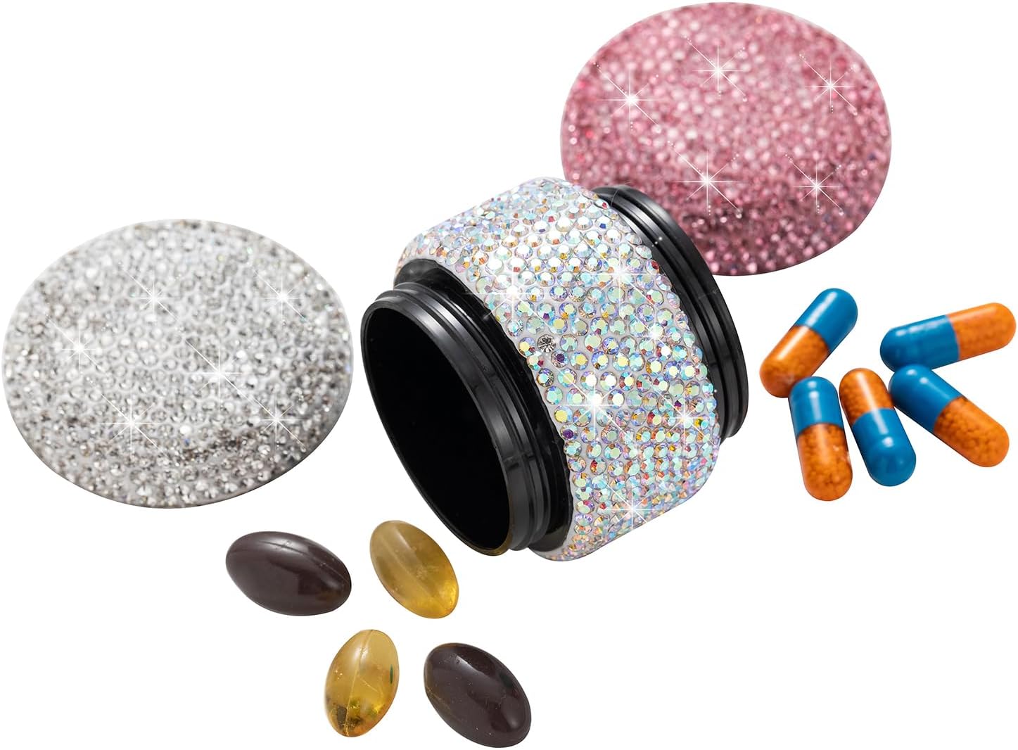 2 Compartment Small Pill Case Organizer Bling Mini Pill Box Holder for Purse Tiny Pocket Metal Medicine Container Bottle for Women(Pink)