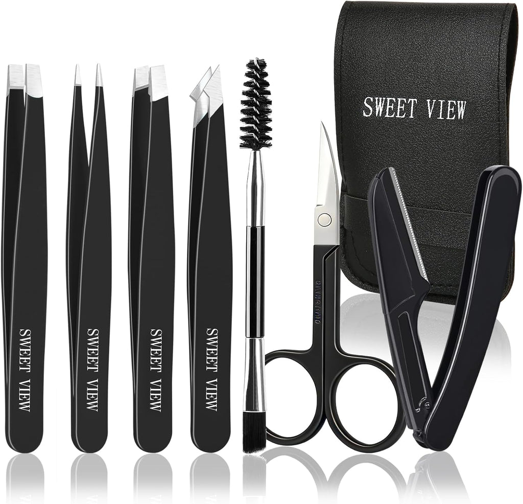 7pcs Eyebrow Tweezers Kit for Women Precision Plucker with Brow Scissors & Razor & Spoolie for Facial, Chin, Brow, Splinter and Ingrown Hair