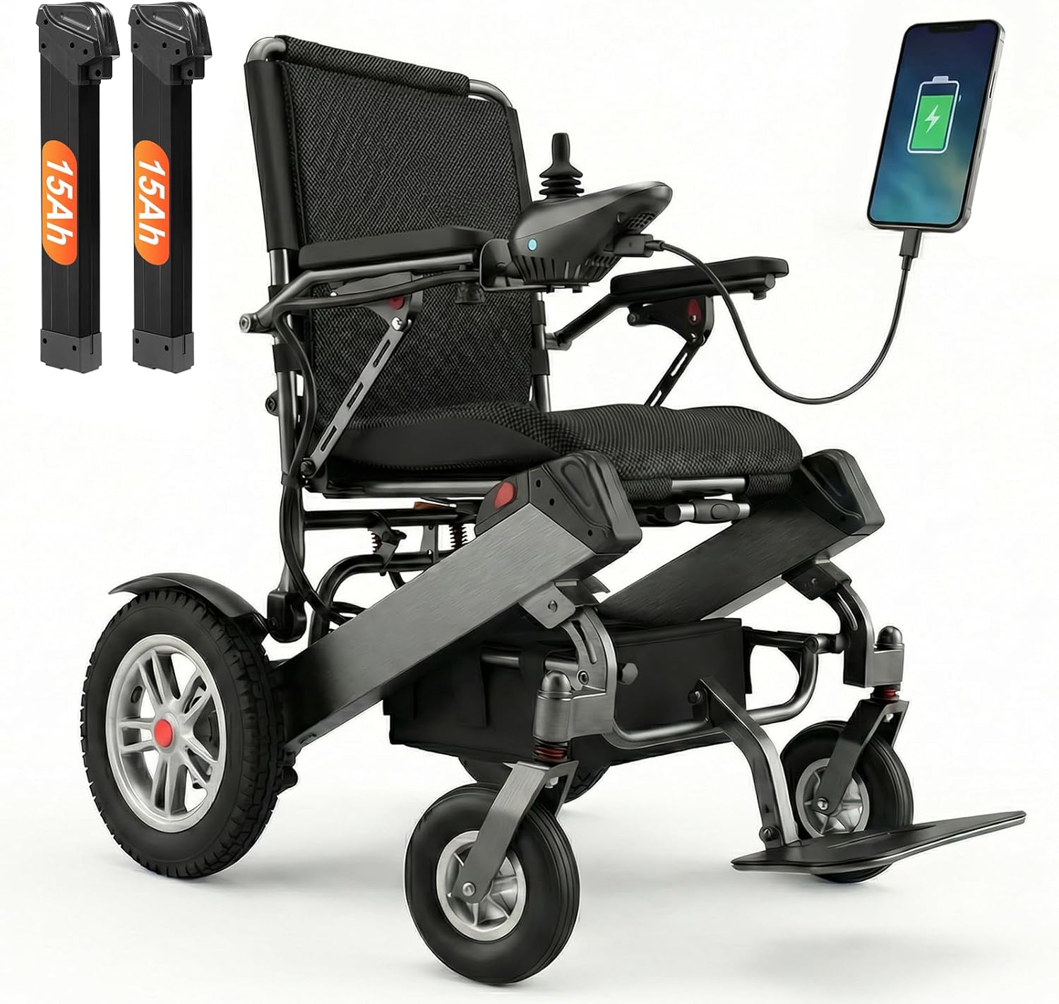 40 Miles Long Range Electric Wheelchair for Adults, Foldable Motorized Wheelchair with 2 Removable 15Ah Batteries, All Terrain Power Wheelchairs for Senior, Black (Black, 2 * 15Ah)
