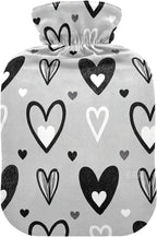 Grey Black Hearts hot Water Bottle with Soft Cover, 2L Water Bag for Hot and Cold Therapies,Hot and Cold Therapies,Bolsa para agua Caliente