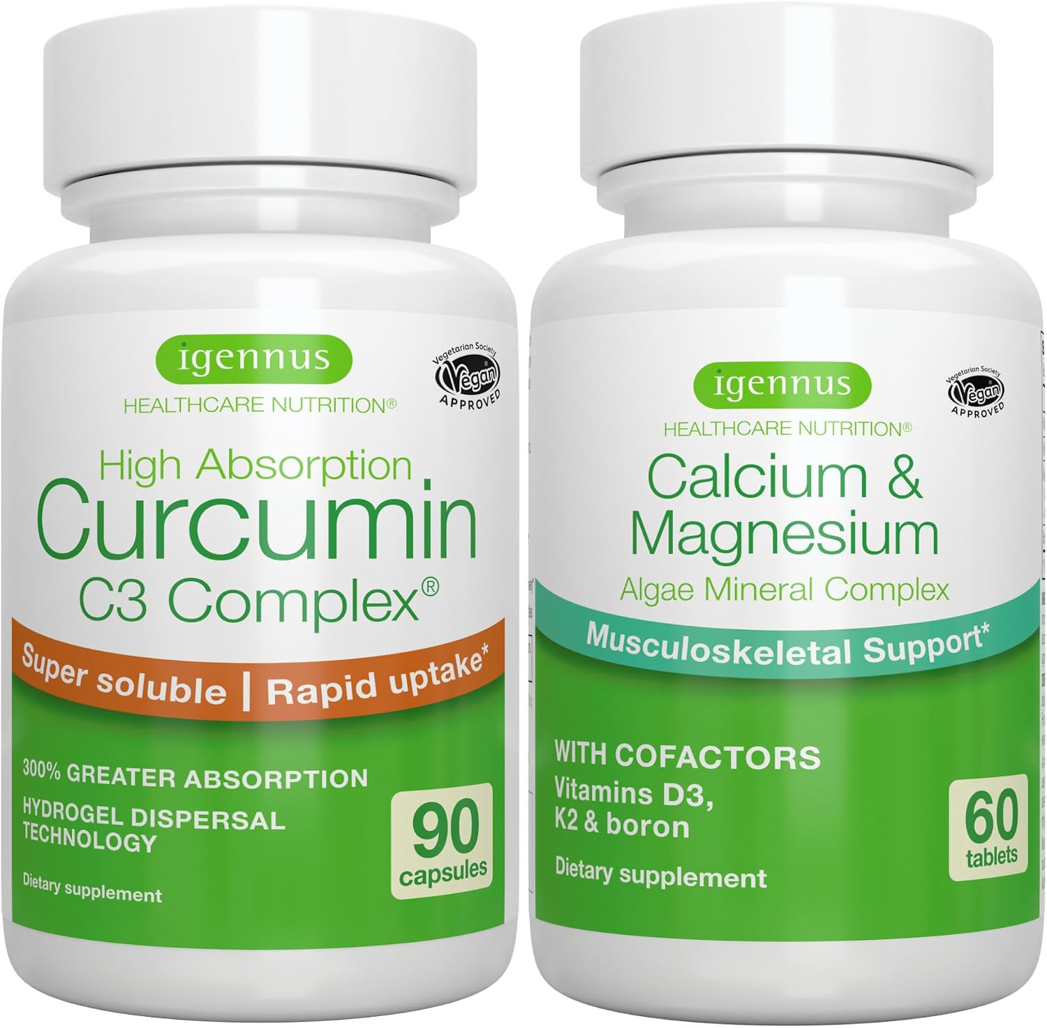 Algae Calcium & Magnesium Complex + High Absorption Curcumin C3 Complex, Vegan Bundle for Bones, Joints & Recovery from Exercise, by Igennus