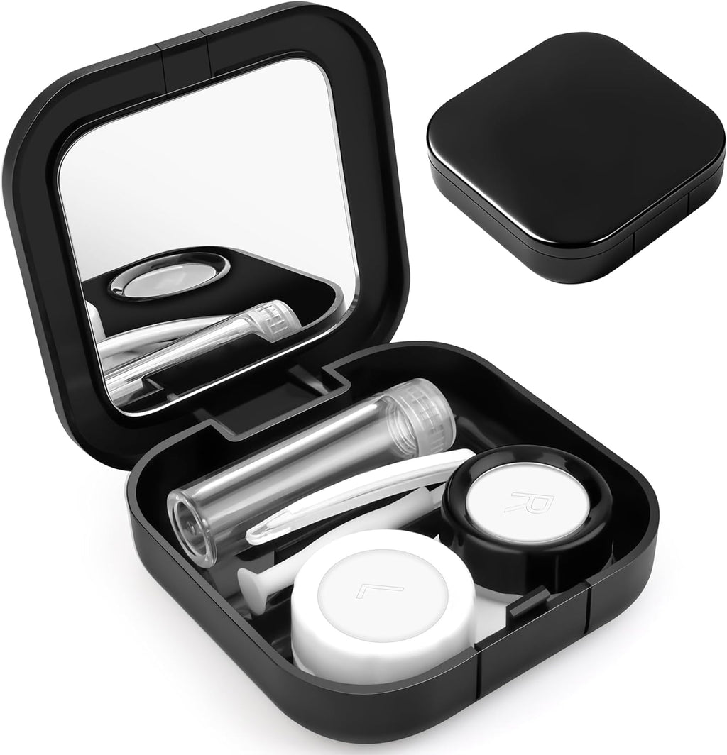 AHIER Portable Contact Lens Case Travel Kit Mirror +bottle + tweezers Container Holder (black)