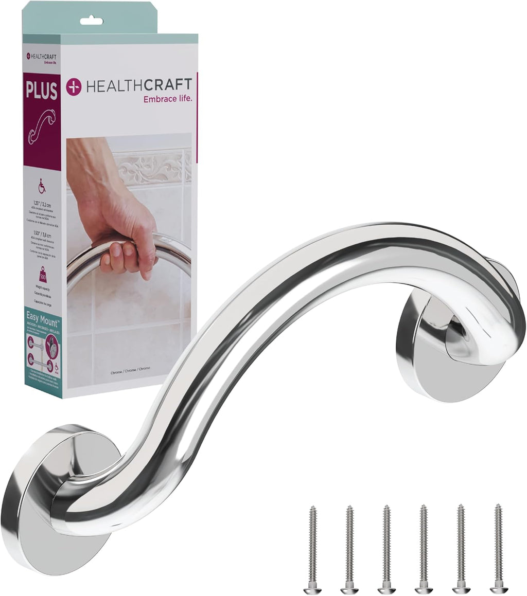 HEALTHCRAFT Plus Series Crescent Grab Bar for Bath and Shower Safety, 14.3 inch | Wall-Mounted Polished Chrome Handrail, ADA Compliant Bathroom Support for Seniors, 500 lbs Capacity