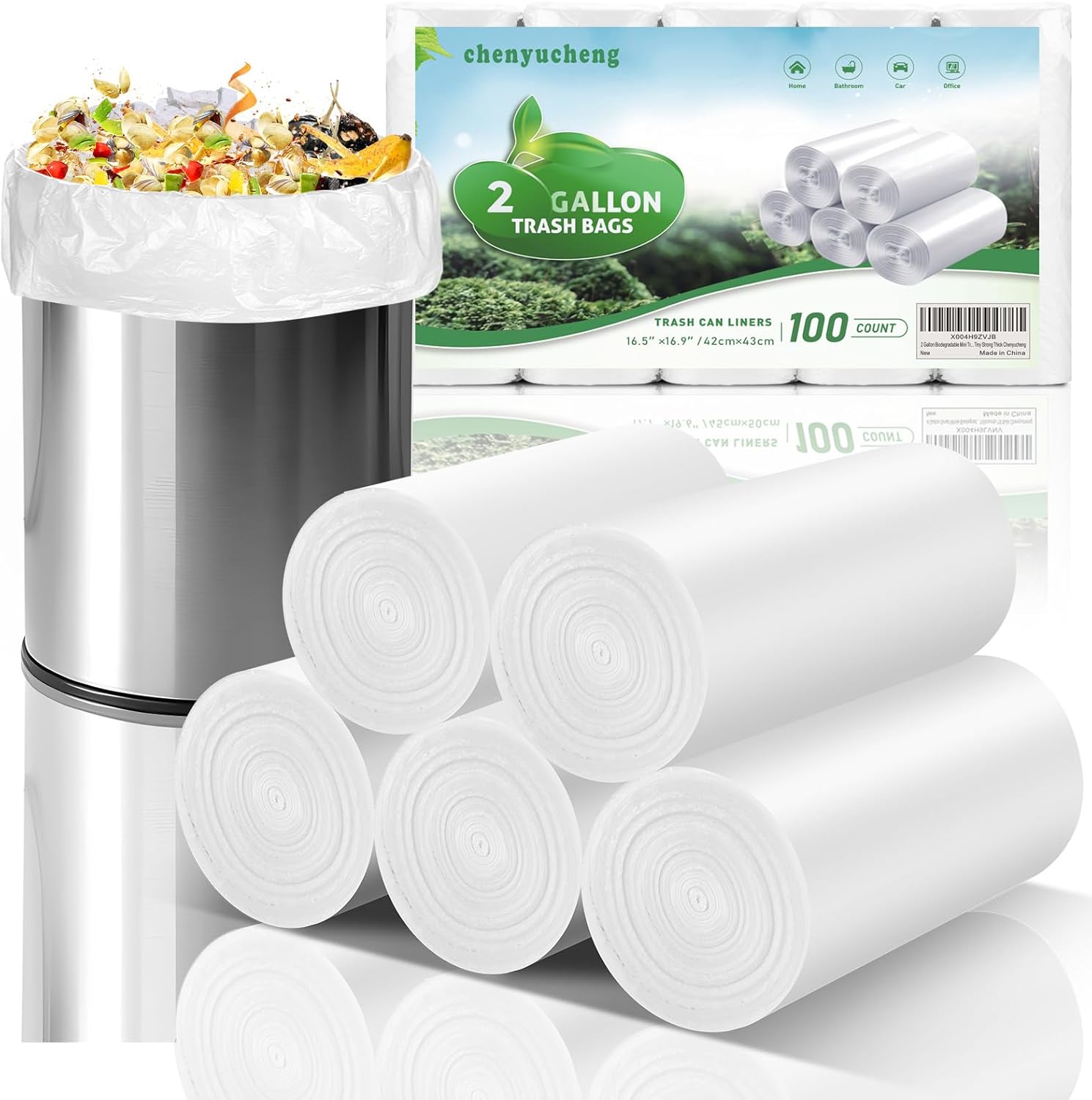 2 Gallon Biodegradable Mini Trash Bags - White Compostable Small Garbage Bag For Bathroom Can Unscented Kitchen Office Car Waste Basket Liners 100 count Tiny Strong Thick Chenyucheng