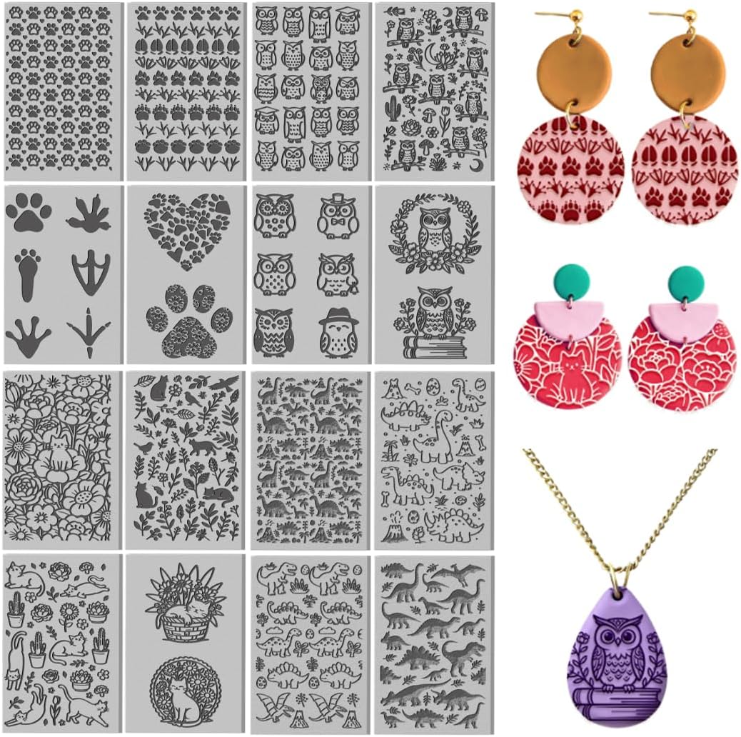 16 Sheets 16 Styles Animal Series Polymer Clay Texture Mat Cats Clay Modeling Pattern Pad Owls Texture Sheets for Making Earrings Jewerly Tools, 4×2.6 inch