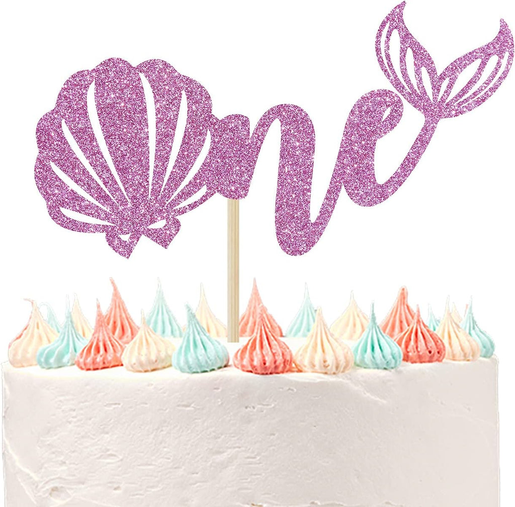 Mermaid One Cake Topper, Baby Girl 1st Birthday Decorations, Under The Sea Theme Photo Décor Picks for Baby Shower Gender Reveal Party, Baby 1st Birthday Decorations Pink Glitter