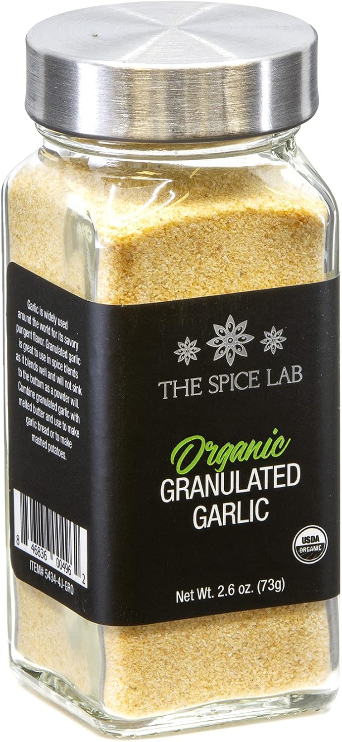 The Spice Lab Organic Garlic Powder Granulated - Gluten Free Dried Garlic Organic - 2.6 oz French Jar - Non GMO & Kosher Organic Garlic Granules for Stir Fry Vegetables, Pasta Sauce & Garlic Toast