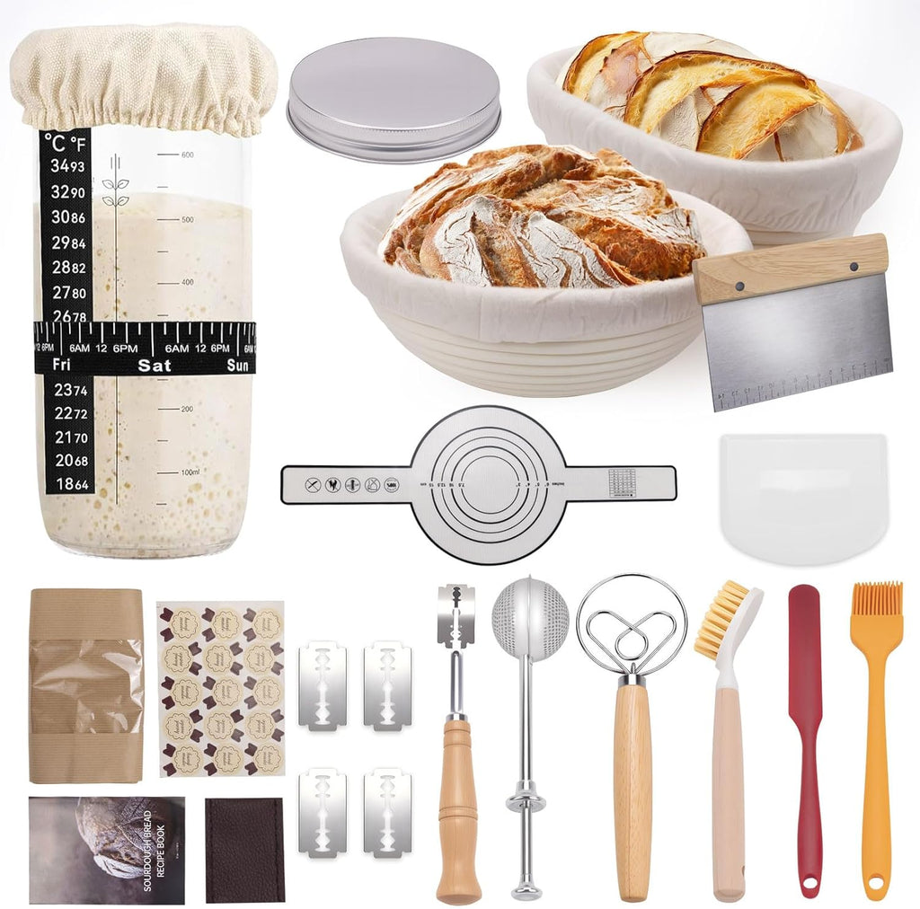 Sourdough Starter Kit-21 Piece Ultimate Bread Baking Supplies Set with Banneton Proofing Basket (9" Round & 10" Oval), Dough Jar, Bread Lame, Whisk & Tools, Complete Sourdough Kit for Beginners