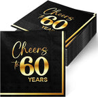 Cheers to 60 Years - 50PCS Black & Gold Foil Cocktail Napkins, 3-Ply Disposable Paper 5x5 Inches 60th Birthday Napkins Decorations, Wedding, Anniversary, Party Men & Women